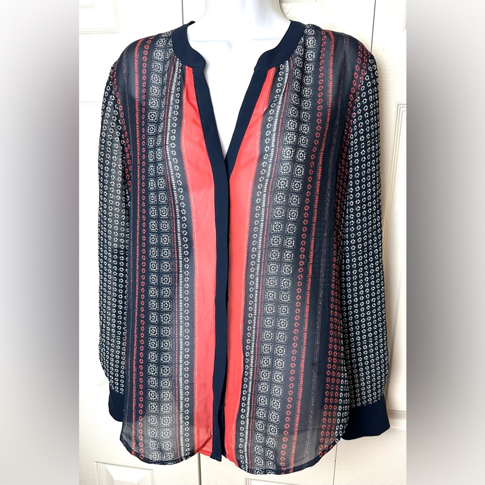 SANCTUARY Clothing Scarf Print Semi Sheer Blouse Top Shirt Blue White Red Work